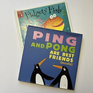 Set Of 2 Childrens Story Books Hardcover Pin and Pong and Fidgety Fish